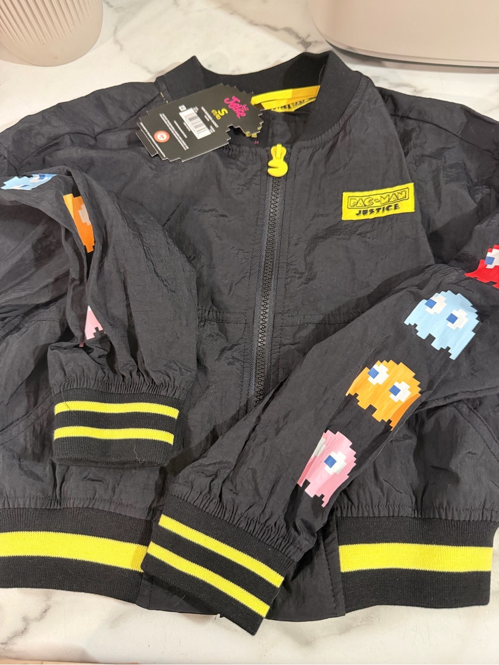 Justice Black Mini Bomber Jacket with Yellow Pac-Man Accents